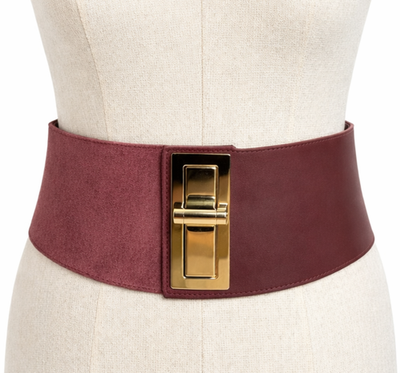 Suzi Roher Wide Burgundy Suede Stretch Corset Belt Gold Turnlock
