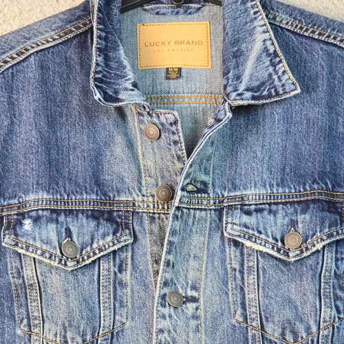 LUCKY BRAND Trucker Jean Jacket Mens Medium M BLUE Denim Distressed Button NWT - Picture 9 of 19