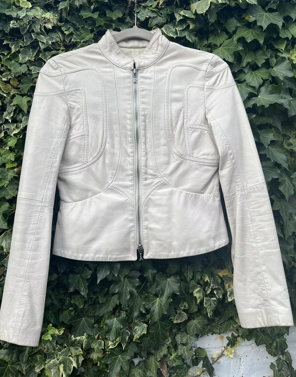 Emporio Armani Women s Vintage Leather Ivory Biker Jacket Size Eur