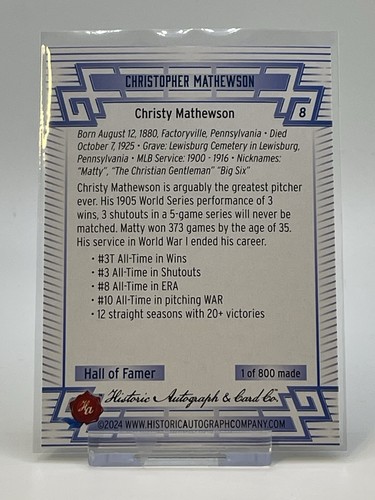 Christy Mathewson Card #8 2024 Historic Autograph All Time Greats 1 of 800 made - Picture 2 of 2