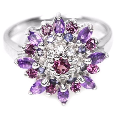 NATÜRLICHER AMETHYST & RHODOLITH RING MIT WEISSEM CZ 0,925 STERLINGSILBER 14K WGP GRÖSSE 6,5