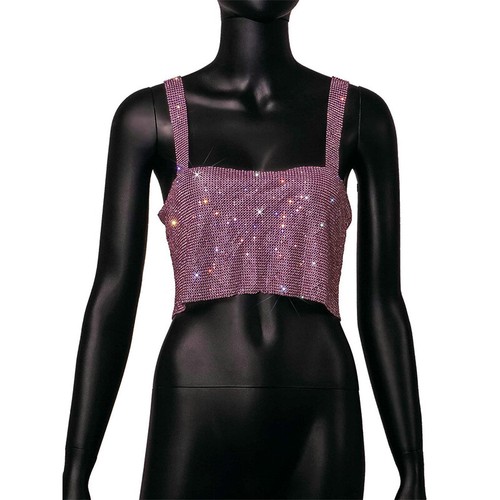 Women Suspender Shiny Metal Backless Crop Tops Vest Rhinestones Sleeveless Tank - Picture 16 of 27