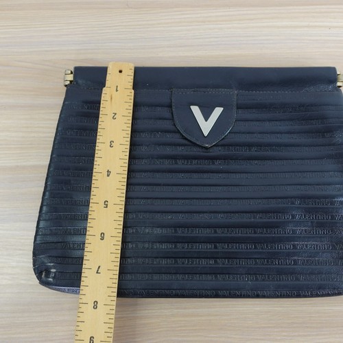 Vintage VALENTINO Bag Black Leather Purse Clutch Pouch Logo V Retro Old Mario - Picture 6 of 12