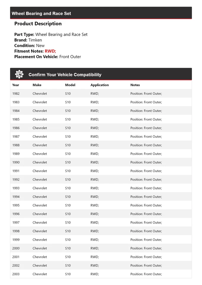 Juego de cojinetes de rueda y carreras delantero exterior Timken para Chevrolet S10 1982-2003 tracción trasera Foto 2 de 4