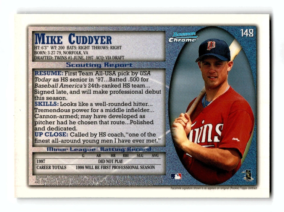 Mike Cuddyer RC Rookie 1998 Bowman Chrome #148 Minnesota Twins Mint - Image 2 of 2