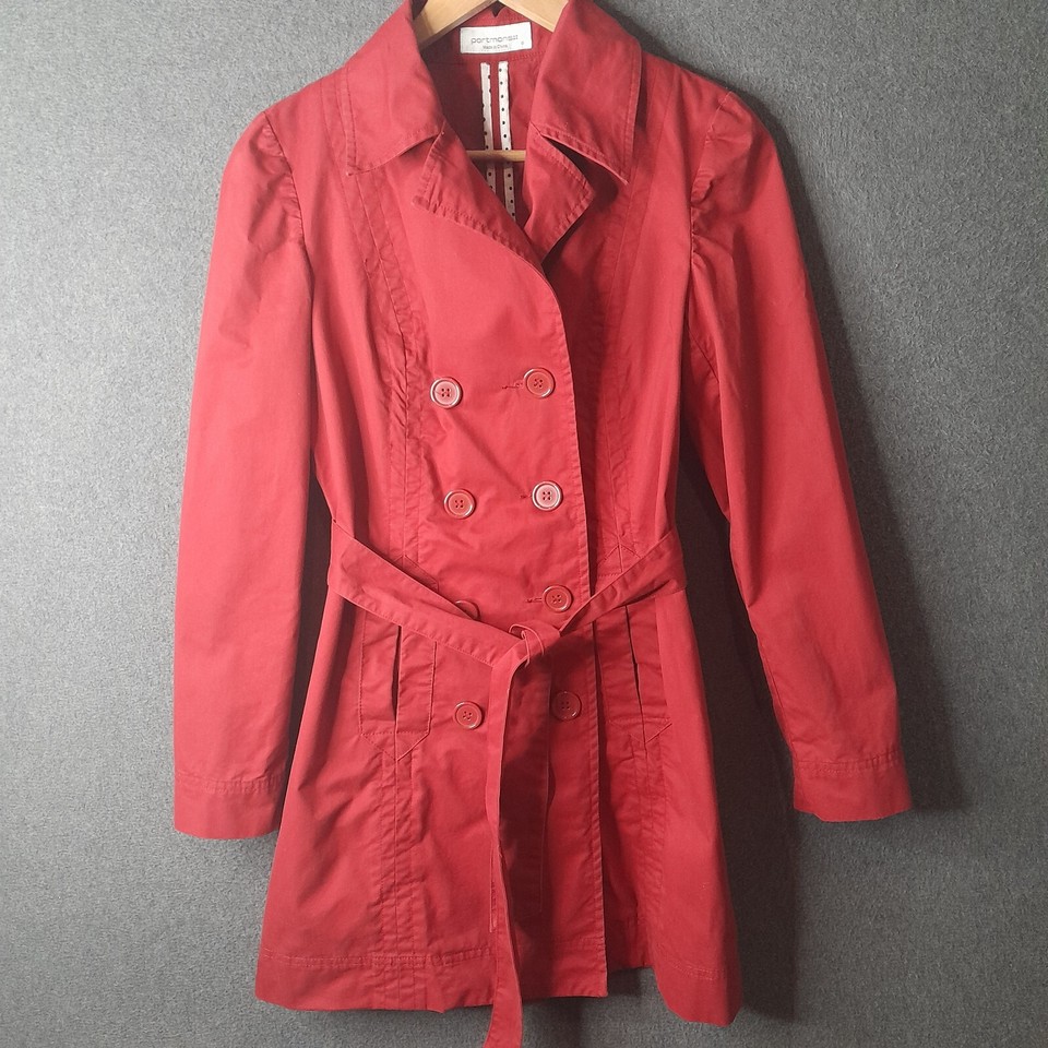 PORTMANS Womens trenchcoat Size 8  red double breasted belted cotton pockets