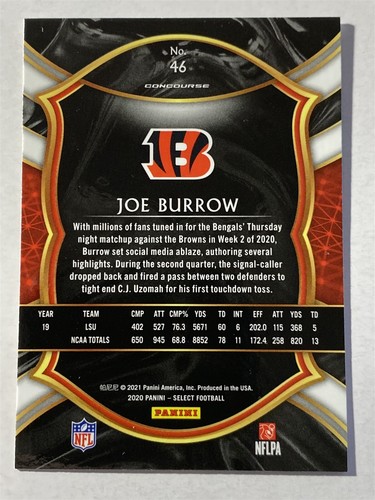 JOE BURROW bengals 2020 Select #46 Concourse Rookie RC (F9a) - Picture 2 of 2