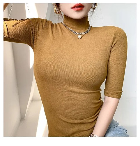 Damen Halb Slim Tshirt Rollkragen Basic T Shirt Kurzarm T-Shirts Damen - Bild 8 von 20