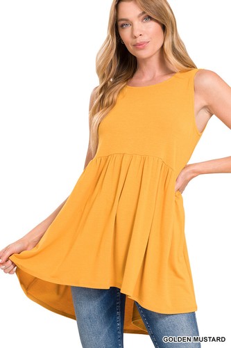 Women's Round Neck Sleeveless Top Waist Shirring Baby Doll High Low Hem Tunic - Picture 15 of 56