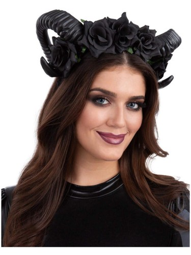 Black Demon Floral Headband Halloween Roses Day Of The Dead Fancy Dress - Picture 2 of 2