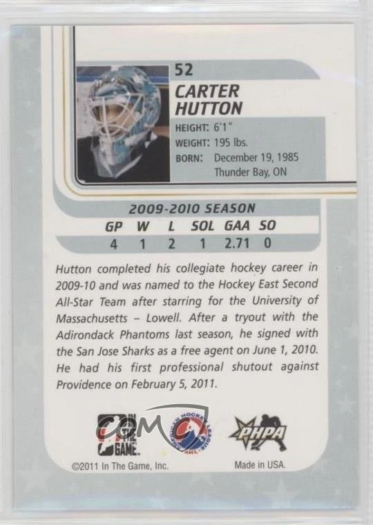 2010-11 ITG Between the Pipes Carter Hutton #52 Rookie RC - Image 2 of 2