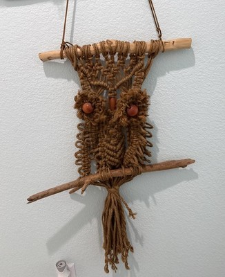 Vintage Macrame Owl Wall Hanging Brown Jute 2 Branch Perch Wood Eyes 33''L 24''W