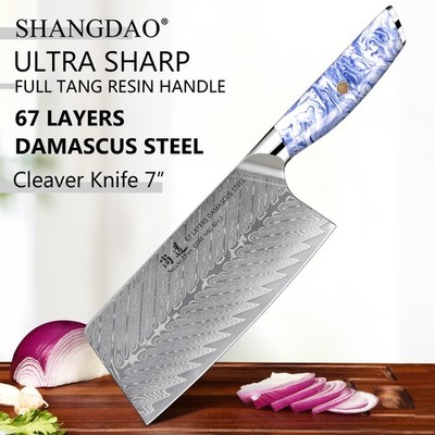 SHANGDAO Damascus 7 '' Cleaver Knife with Resin Blue And White Porcelain Handle
