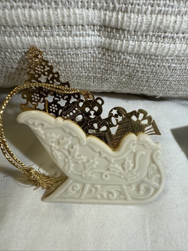 Lenox Xmas Ornament Porzellan & Gold Schlitten doppelseitig 1995 mit Box - Bild 6 von 14