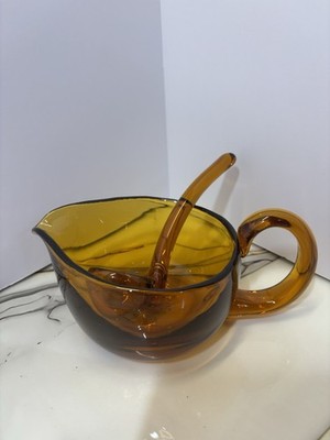 Glass Gravy With Spoon Vintage Amber