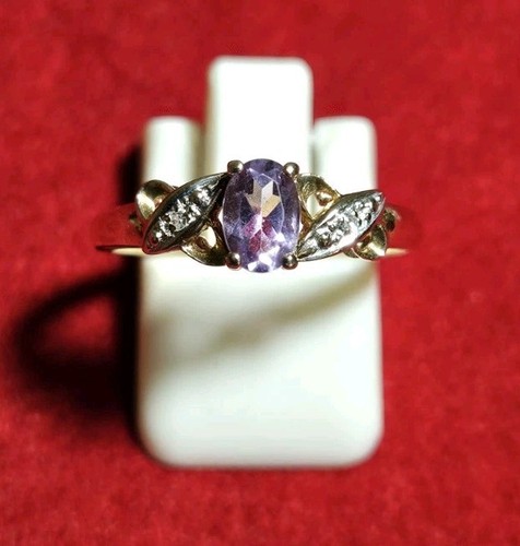9ct Yellow Gold Amethyst & Diamond Three Stone Ring Size O 1/2 Hallmarked - Picture 6 of 12