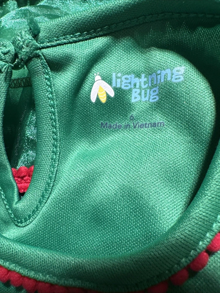 Vestido Árbol de Navidad Niñas Talla 6 Tafetán Verde Grande Rojo Pompones Hebras Foto 3 de 3