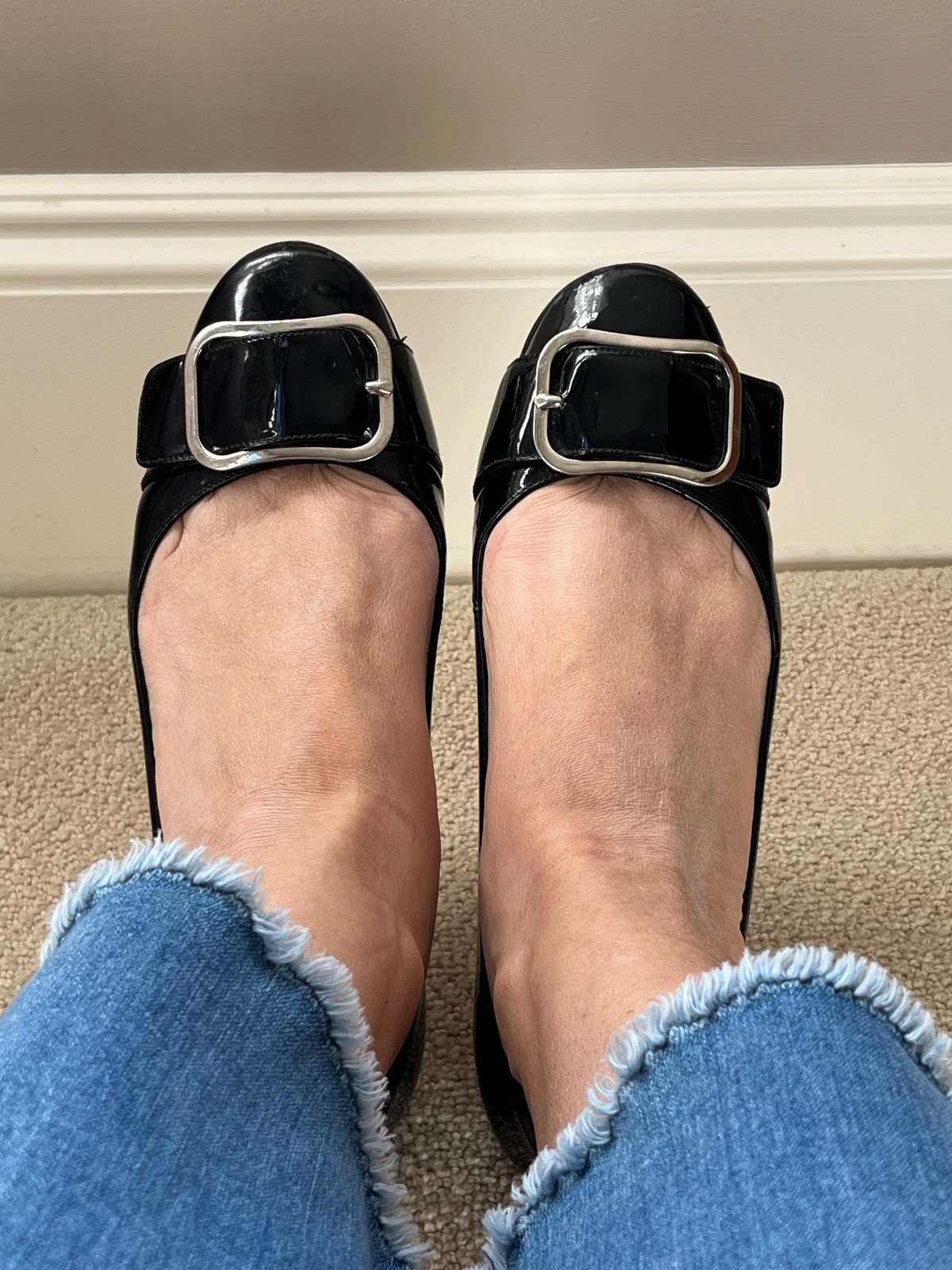Prada Black Patent Leather Flats with Silver  Buckle Rounded Toe Size EU 37 US 7