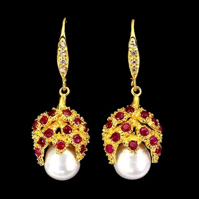 925 Sterling Silber Ohrringe Rund Ruby Kristall Perle Natur Edelstein - Bild 1 von 4