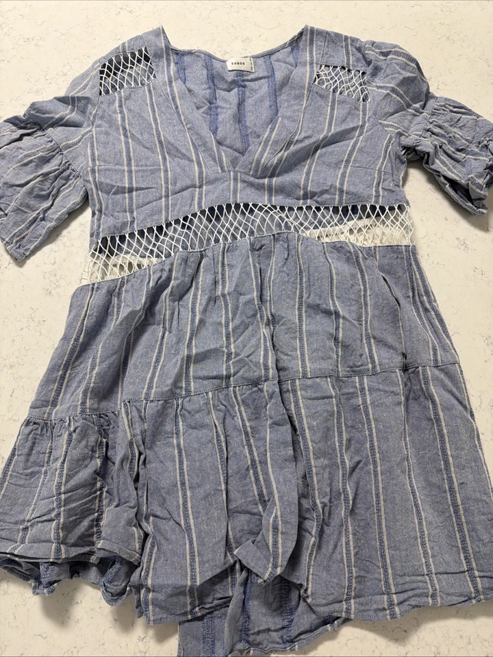 Vestido Suboo Azul Asimétrico, 100% Algodón, Encaje, Malla, Boho, Playa, Talla US 4 Foto 3 de 4