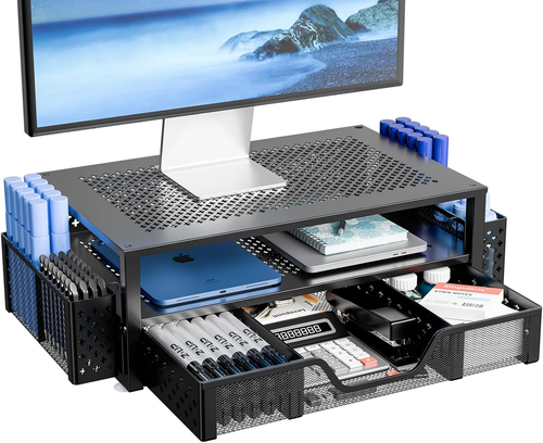 2 Tier Metal Monitor Stand Monitor Riser and Computer Desk Organizer with Drawer - 第 1/6 張圖片