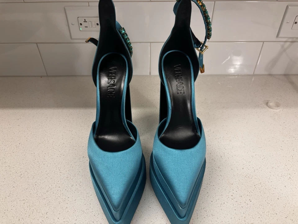 Versace Aevitas Plataforma Punta Azul Teal Satinado Bomba Cristal Talla 37 Foto 3 de 3
