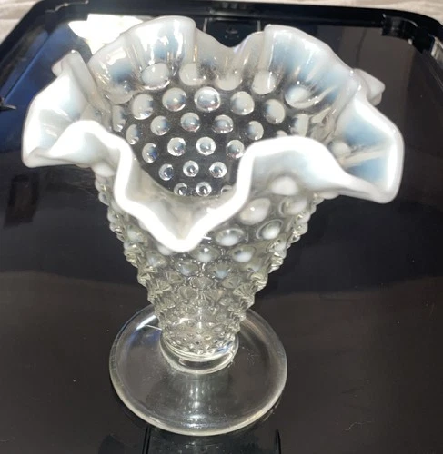 Fenton Hobnail Moonstone Opalescent Crimped 8 In Vase MCM Vintage