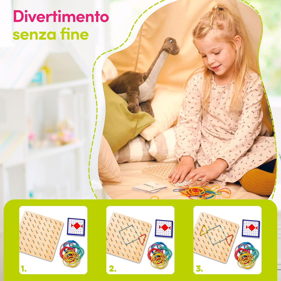 Geoboard di Legno con Carte di Pattern di Attività e Bande di Gomma - 8x8 Pin Ge