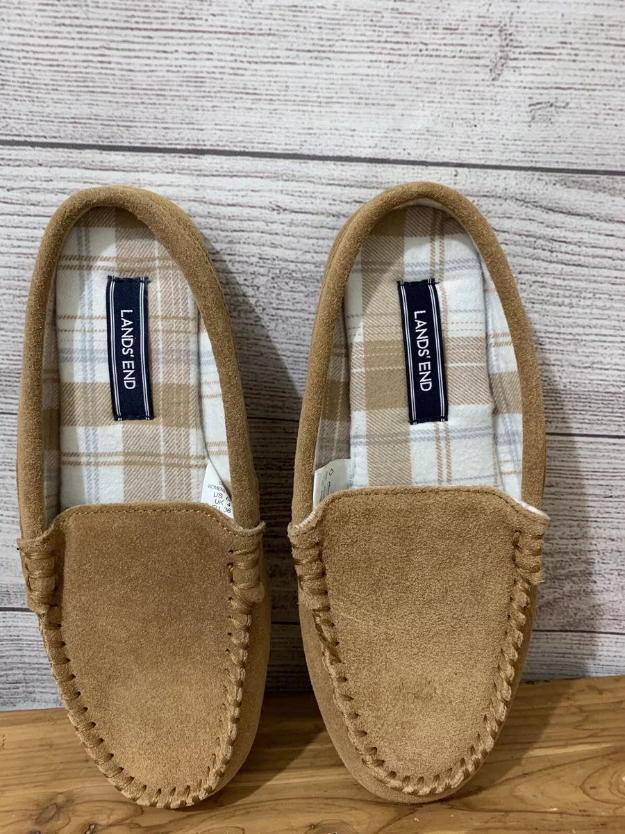 Lands End Womens Flannel Lined Suede Moccassin Mule Slippers Beige