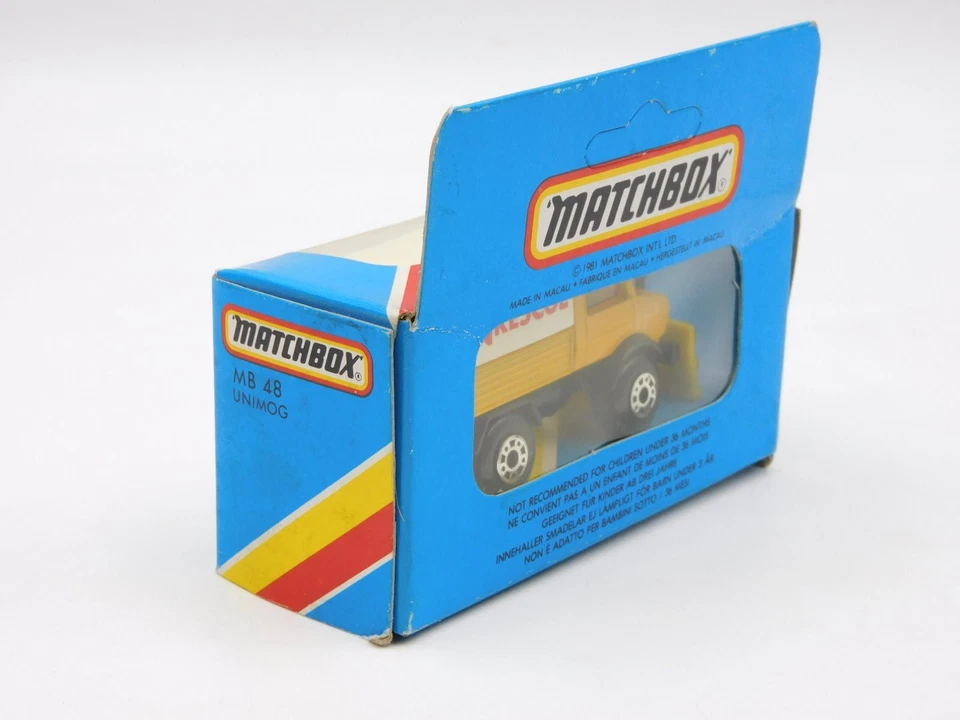 Matchbox Superfast Unimog Rescue yellow plow Macau 80s MB-48 in BLUE BOX - Immagine 3 di 3