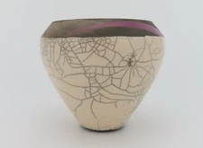 Studio Pottery Raku Pot Planter White Crackle Glaze w Purple  Artist Signed 5" H