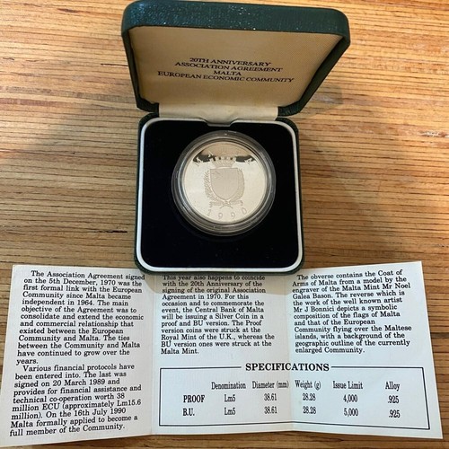 1990 Malta 20th Anniversary EEC LM 5 Silver Proof Coin Box & Certificate - Picture 4 of 5