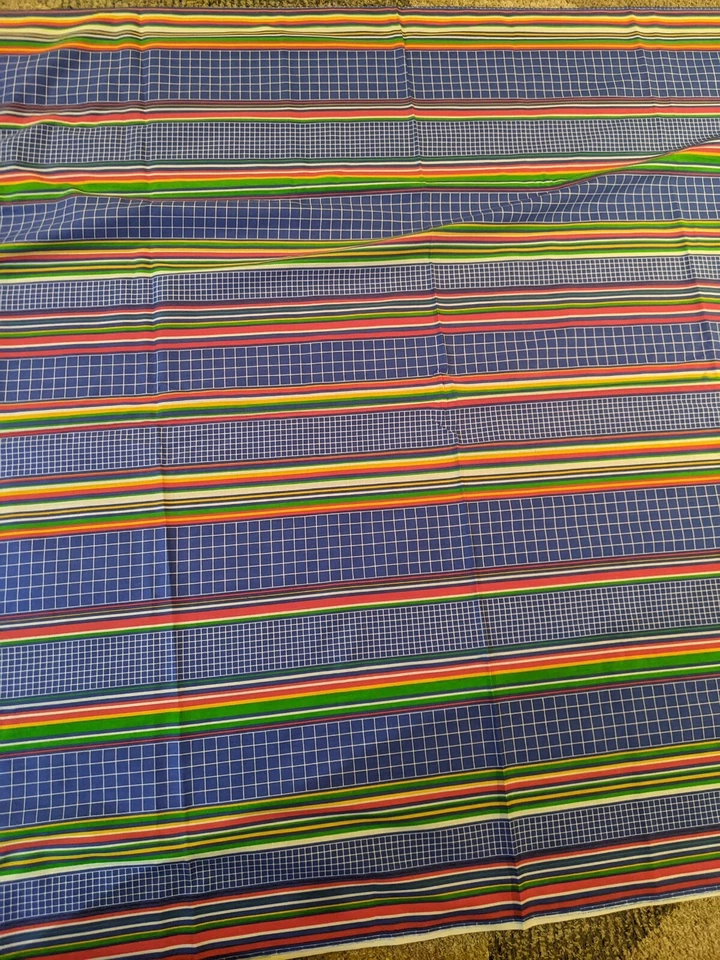 Vtg Unique Bright Red/Blue/Green/Yellow Striped Graph Square Fabric 45"X 109" - Image 2 of 4