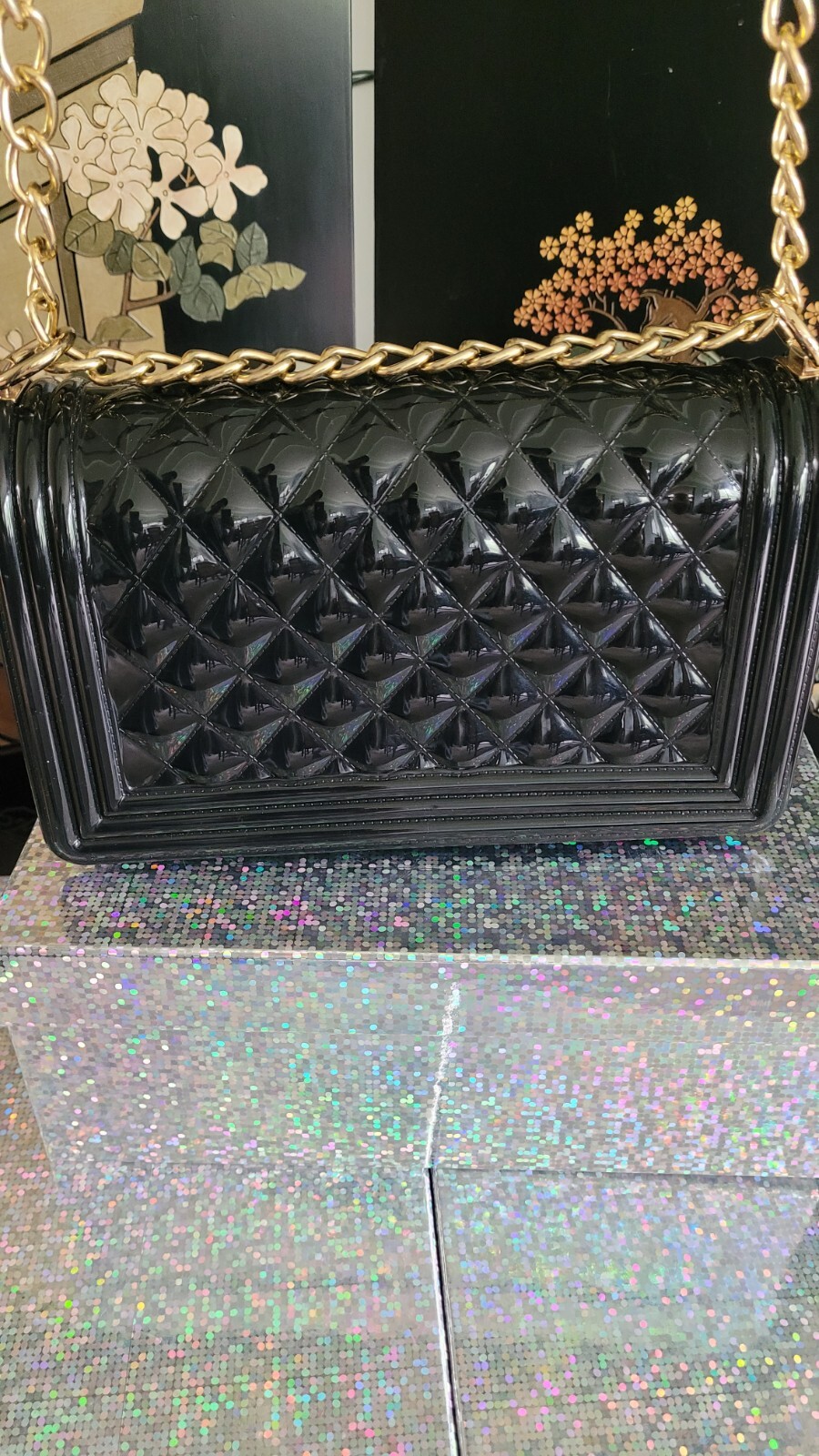 Black Patent Leather Solid Structured Handbag W G… - image 8