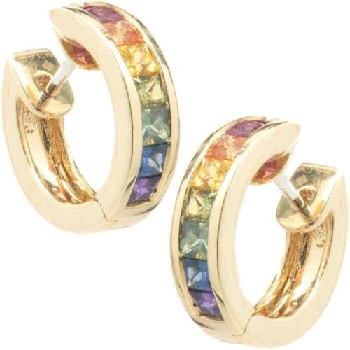 Natural Rainbow Sapphire 14K Yellow Gold Women Huggie Hoop Earrings Jewelry - Picture 1 of 4