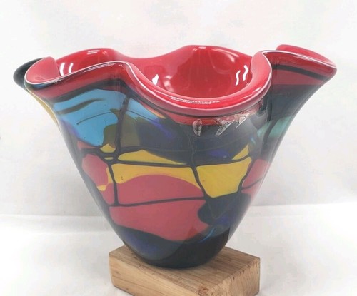 VINTAGE VIZ GLASS HAND BLOWN ART GLASS MURANO RED 5" HANDKERCHIEF VASE - Picture 5 of 23