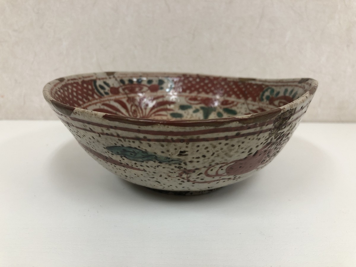 Y3919 CHAWAN Inuyama-ware red picture kintsugi box Japan