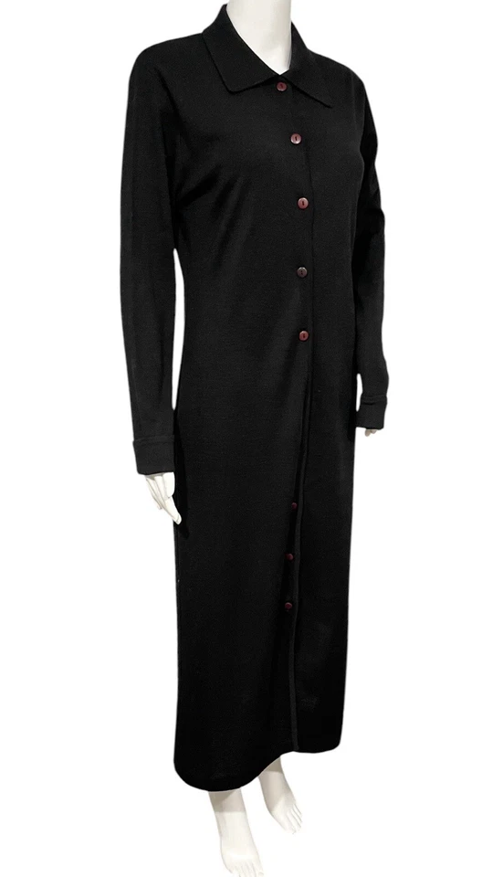 Maxi Vestido Informal Esquinero Mujer Grande Negro Manga Larga Botón Delantero Tejido Foto 2 de 4