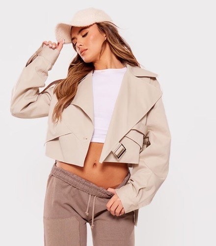 Pretty Little Thing Stone Cropped Belted Trench Jacket Size 12 US Tan Khaki - Picture 4 of 8