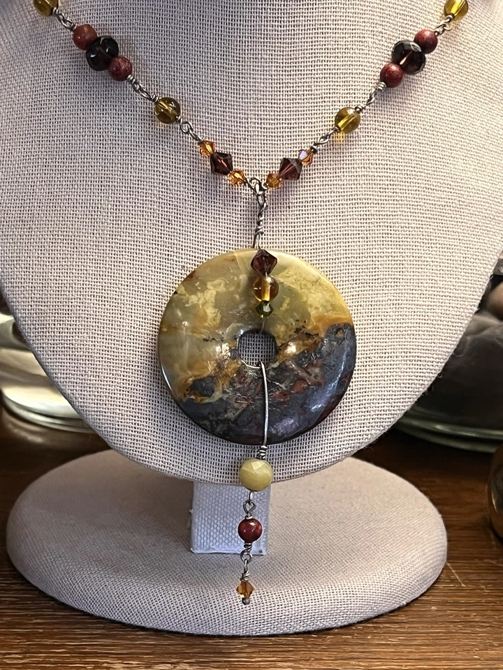 Sterling Wire Wrapped Gemstone And Glass Statement Necklace 16 In Length - Image 2 of 4