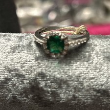 925 Sterling Silver Emerald Halo Ring Size 7