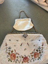French Micro Beaded Purse c.1940s Hand Embroidered Floral Design Made in France