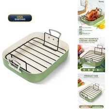 MICHELANGELO Nonstick Ceramic Roasting Pan with Rack 15 x 13 Inch Green