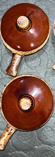 3 HULL 'Brown Drip Glaze' 5½ SOUP BOWLS/CROCKS w/Handles (Ohio, USA): Set of 3
