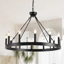 Wagon Wheel Chandelier 32" 12-Light, Round Black Chandeliers Farmhouse Modern...
