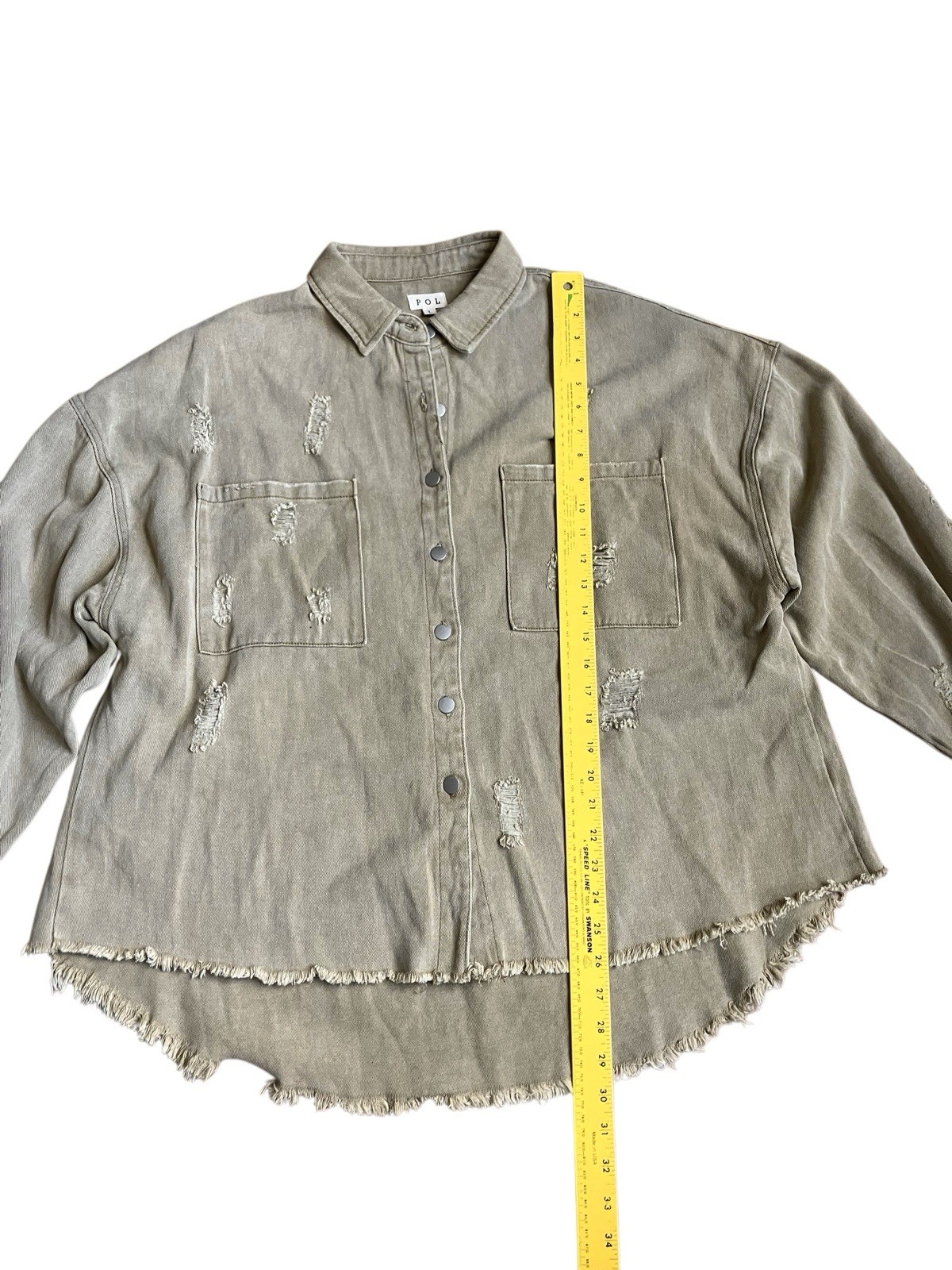 POL Oversized Distressed Button Down Raw Hem Khak… - image 8