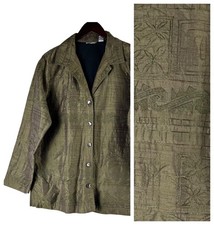 Chicos Jacket Blazer Sz 2 Large 12 14 Embroidered SILK Olive Green Jacquard Y