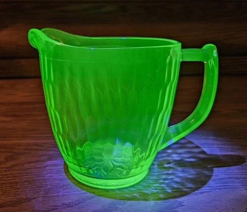 Uranium Glass Hex Optic Green Jeanette Glass UV Glow Pitcher Milk