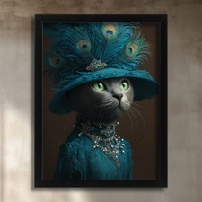 Elegant Victorian Cat Wall Art Grey Cat in Peacock Hat Vintage Animal Portrait