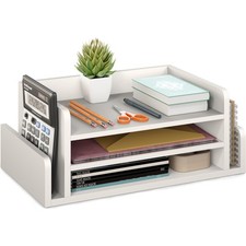 3-Tier Desk Organizer with 2 Side Mail Sorter Slots, Wood Letter Tray, Open T...